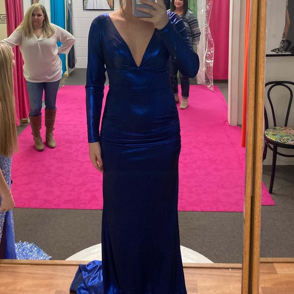 Size 4 Sherri Hill Metallic Blue Dress